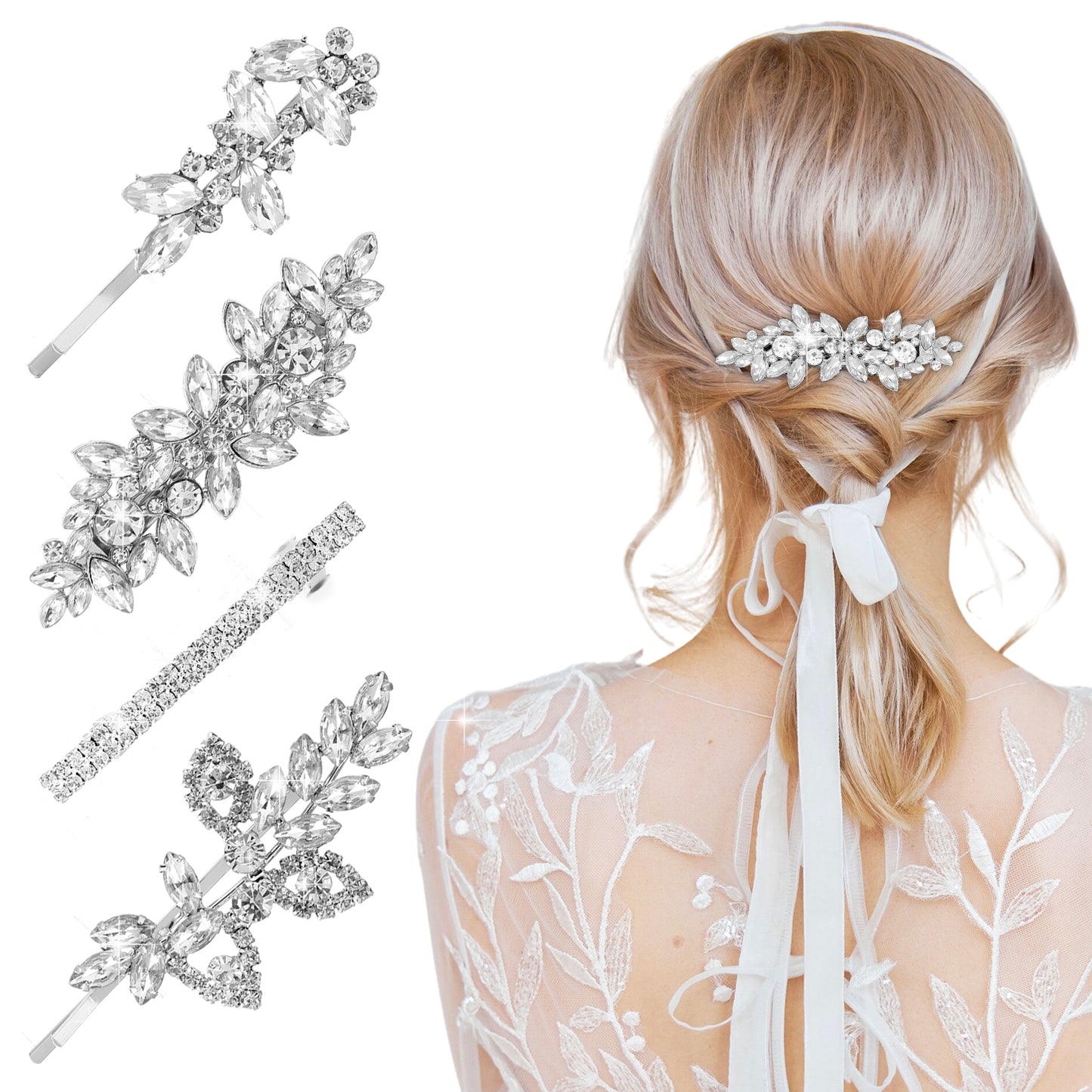 Ouligay Silver Rhinestone Hair Clips Barrettes for Women - Crystal Hair Pins Bridal Prom Accessories