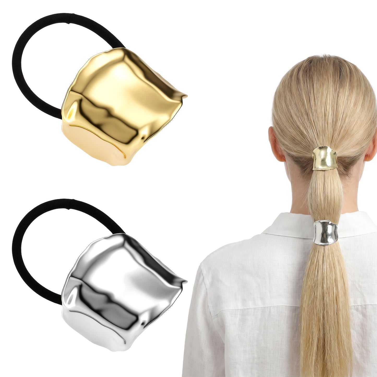 Rahhlizs 2 Pcs Elegant Hair Cuffs Gold Metal Ponytail Cuff for Women, Elastic Gold Hair Tie for Braids, Updos, Everyday Hairstyle, Golden Hair-Accessories