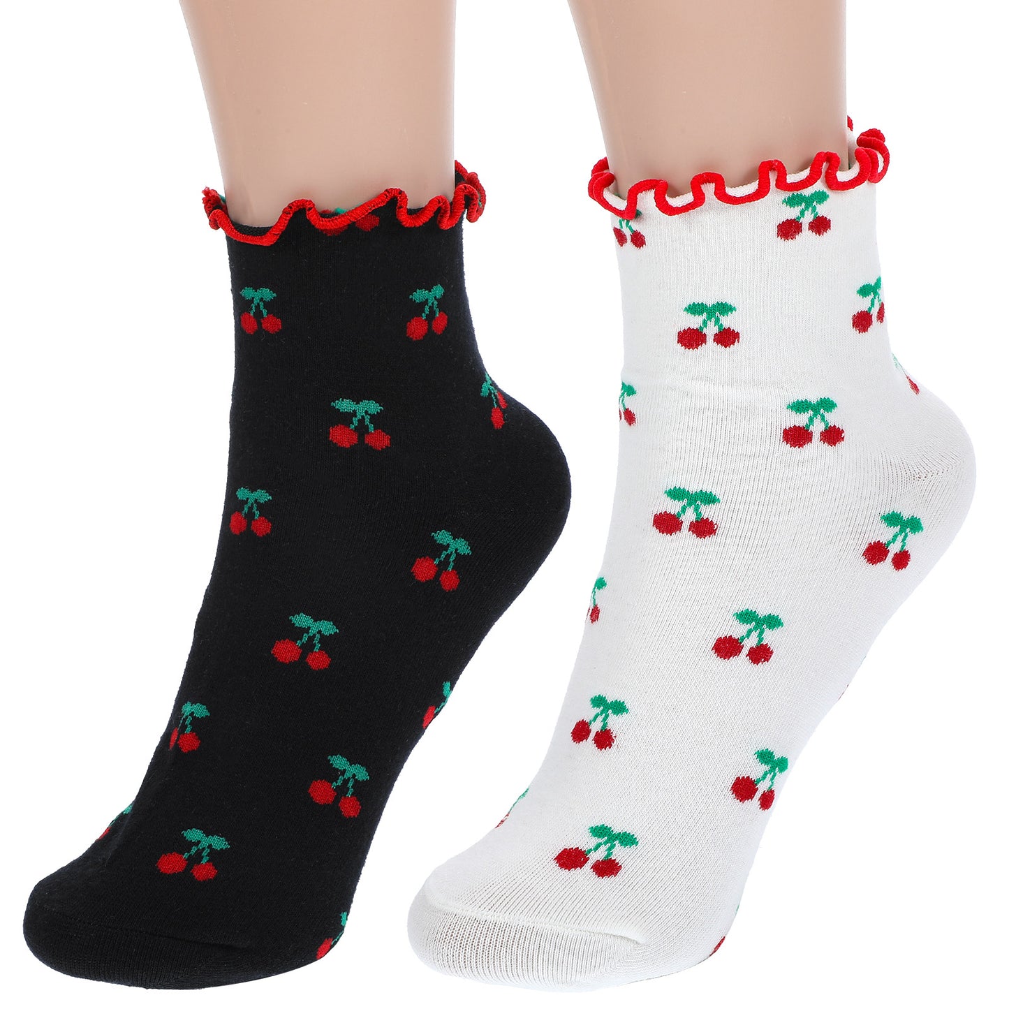 Ymapinc 2 Pairs Frilly Ankle Socks for Women, Black/White Cherry Socks, Kawaii Fruit Print Sock, Cherry Themed Gifts