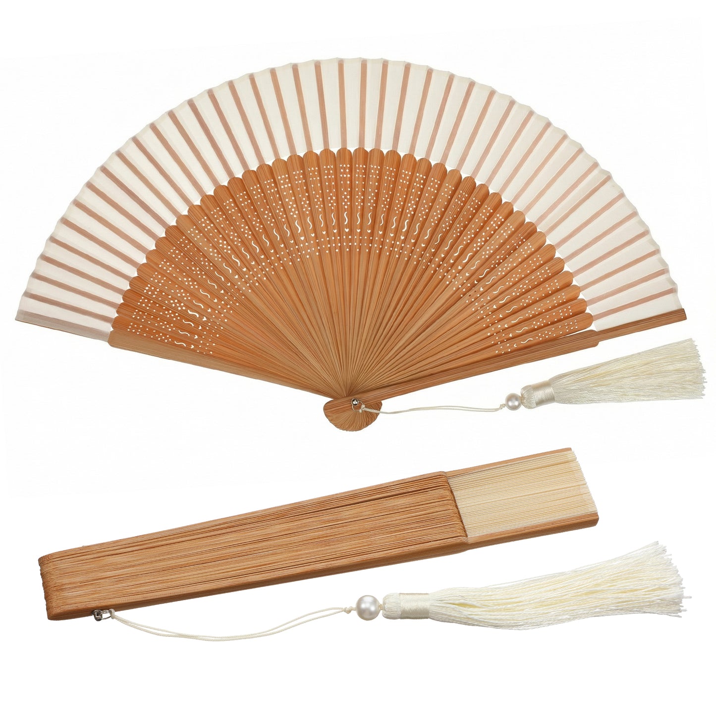Nogeqi Handheld Folding Fan, Portable Bamboo Hand Fans for Women Foldable, Decorative Chinese Fan for Hot Flashes, Summer Cooling, Dancing Wedding Church Performance (White)