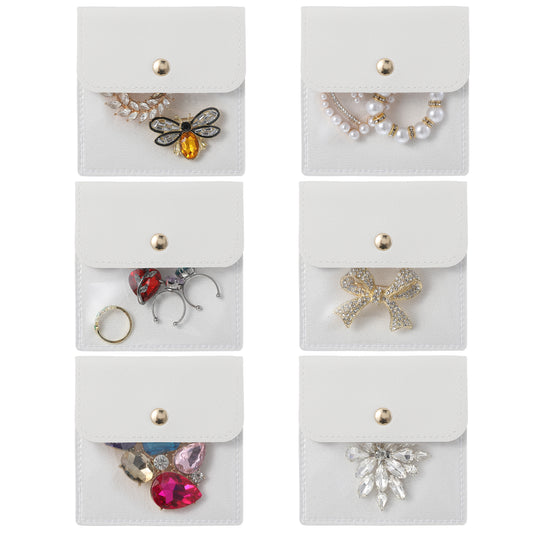 Xinjoduz 6 PCS Mini Travel Jewelry Bag PU Leather Jewelry Packaging Bags Individual Pouches Small Clear Soft Package Gift Storage Bag for Women Men Rings Necklace Bracelet (3.74"× 3.74" White)