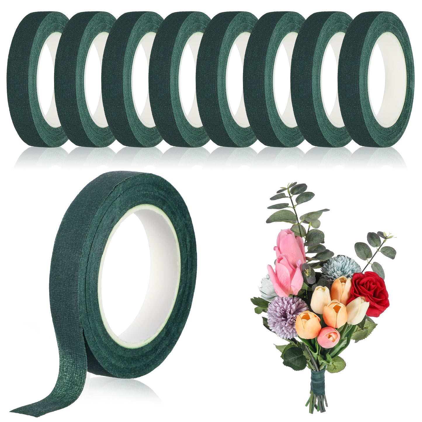 8 Rolls Floral Tape for Artificial Flowers, 1/2 Inch Flower Tape Dark Green, Adhesive Florist Tapes for Bouquet Stem Wrapping, Floral Arranging Crafts and Wedding Bouquet Supplies 19.7 Yard