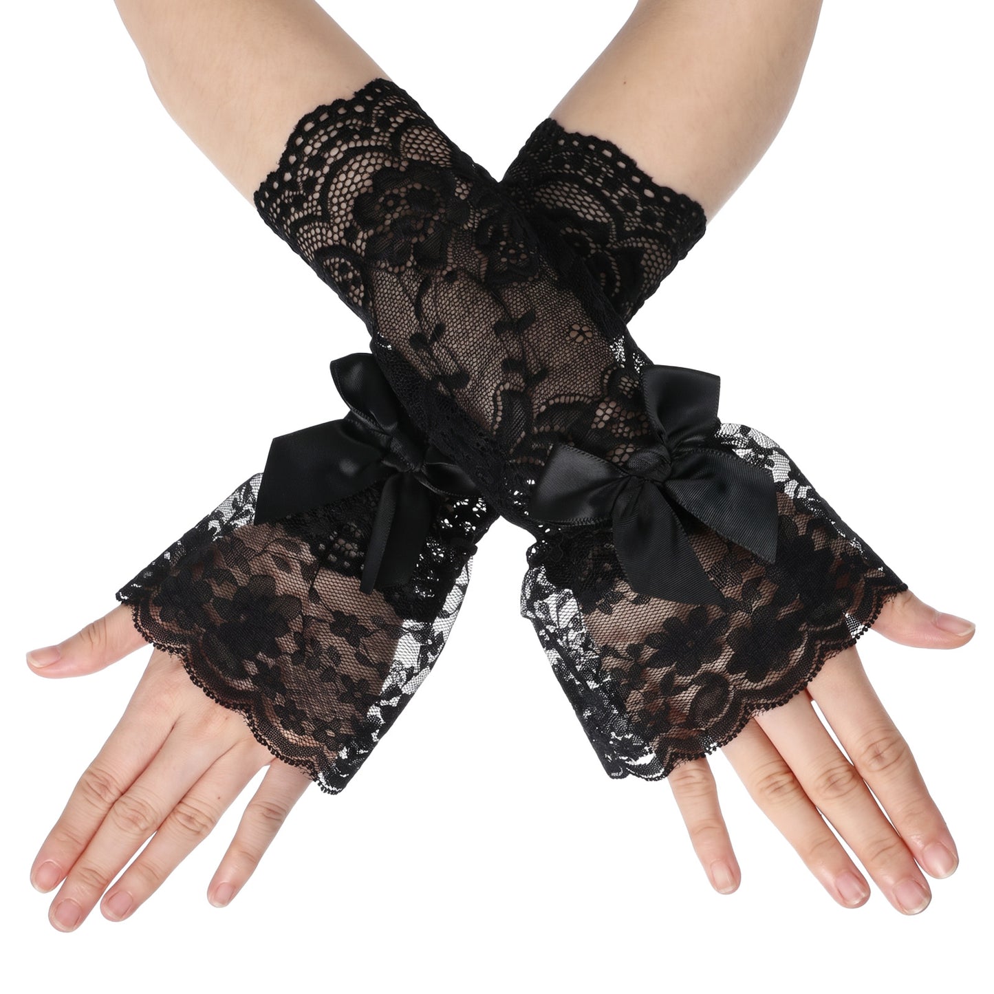 Sorcristy Women Black Ruffle Bow Lace Gloves Fingerless Hand Elastic Sleeve