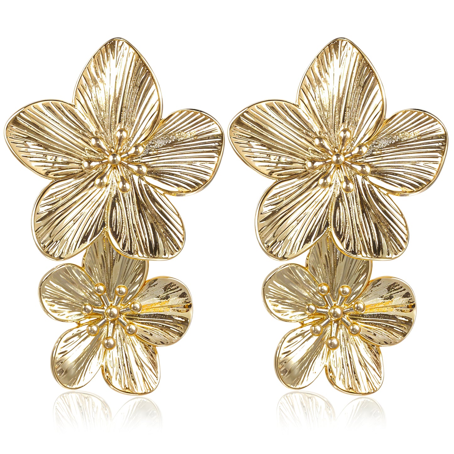 2PCS Gold Double Layered Flower Earrings for Women, Elegant Floral Statement Earrings, Boho Jewelry Gift