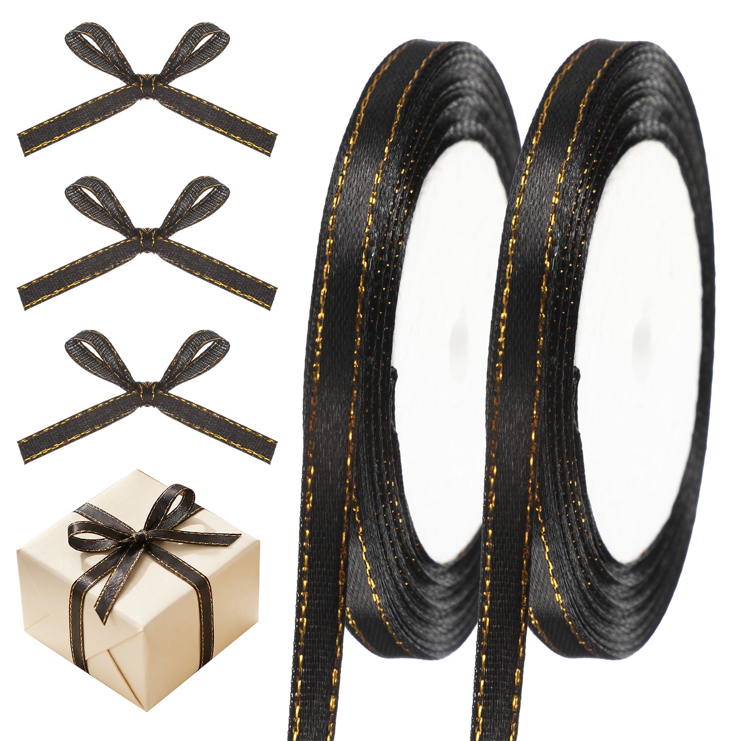RAHHLIZS 3/8 Inch Black Gold Ribbon, 50Yards for Gift Wrapping & DIY Crafts