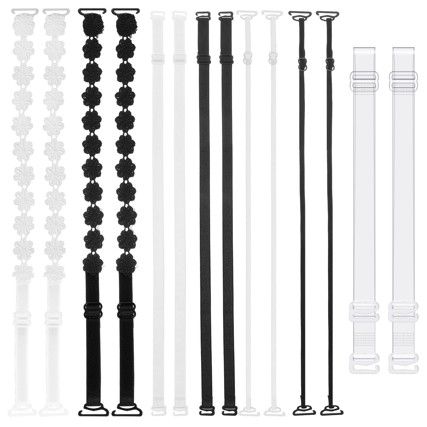 Matwsec 14 Pcs Clear Bra Straps, Adjustable Invisible Elastic Replacement Shoulder Straps with Lace, Non-Slip Transparent Strap for Strapless Dress, Women Girls (White, Black)