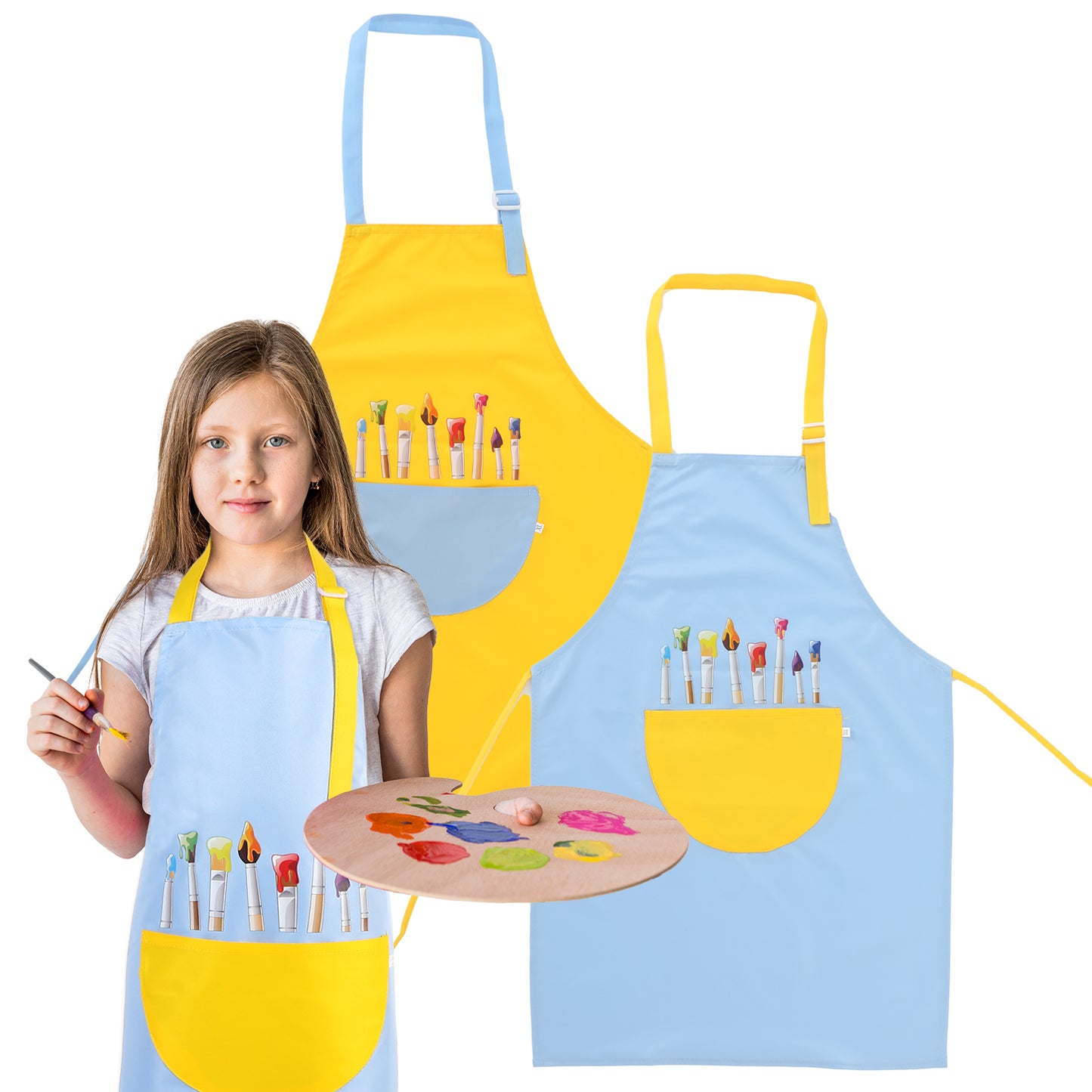 Tyqour 2 Pack Kids Painting Cooking Apron for Boys Girls with Pockets, Kid Artist Apron Medium Size for Ages 6-8, Blue & Yellow Polyester Aprons