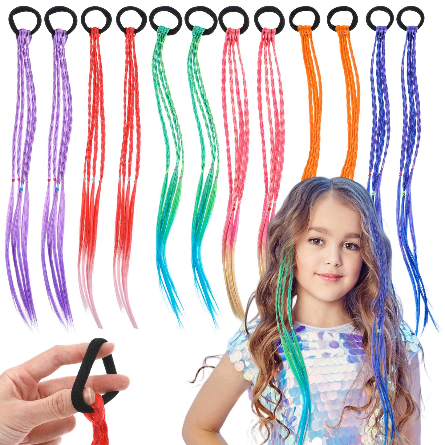 12PCS 17.3 Inch Bands Hair Braided Wigs Ponytail Extension for Girls Crazy Hair Day Accessories Colorful Braids Synthetic Hairpieces Ponytail for Women Girls