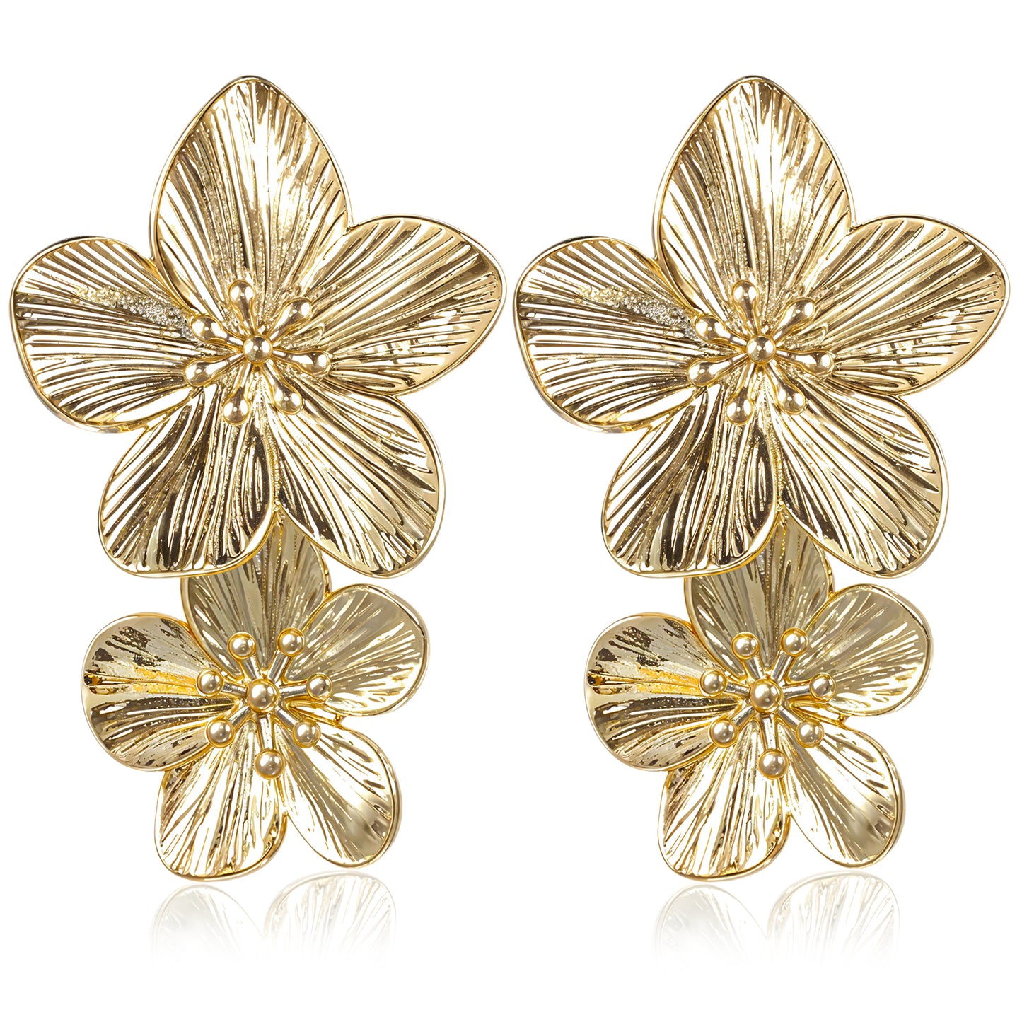 Gold Flower Earrings Double Sculptural Flower Earrings For Women Dangling Chunky Gold Statement Earring for Women Boho Statement Flowers Hibiscus Floral Earring