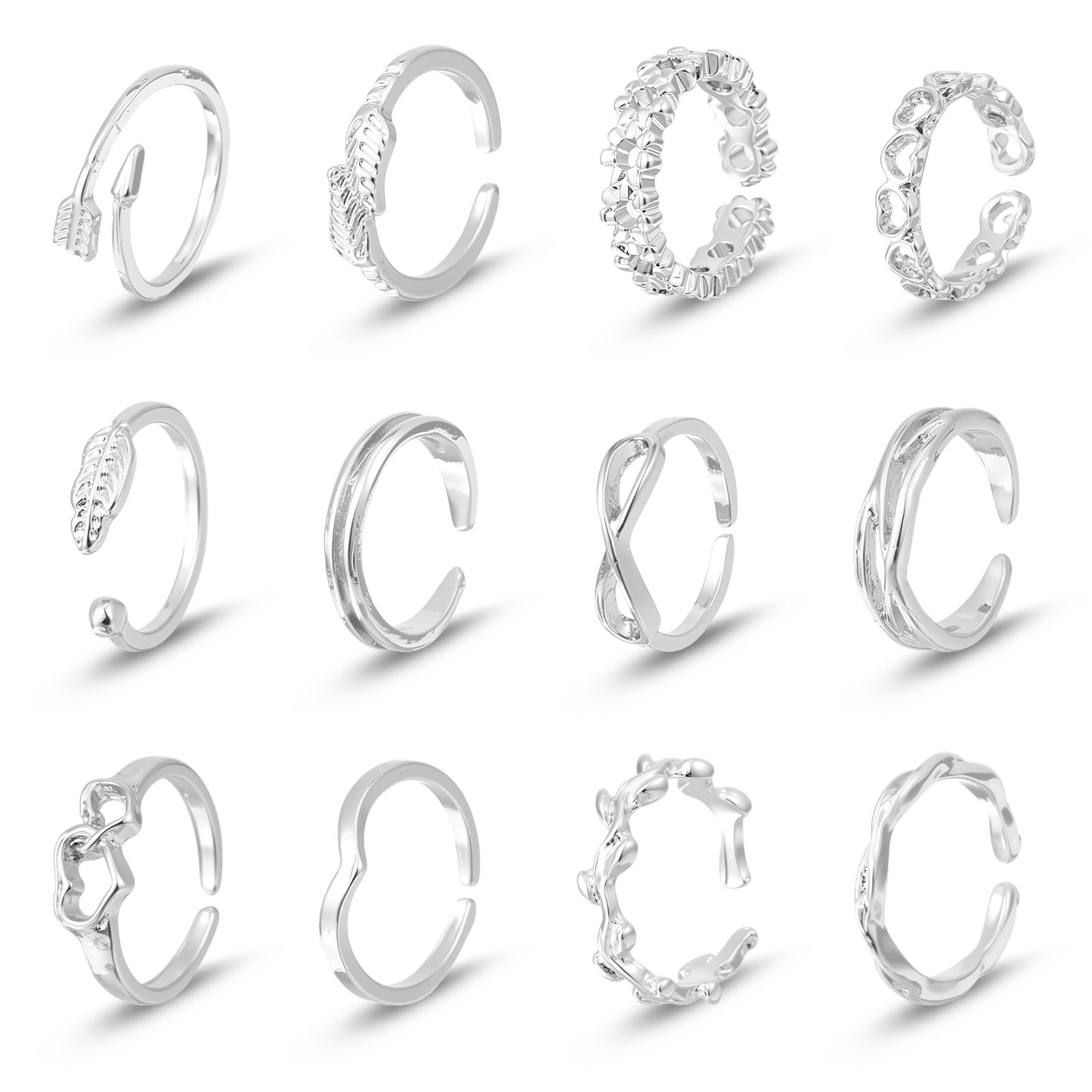 Ouligay 12Pcs Silver Toe Rings for Women Adjustable Toe Rings Set with Open Flower Toe Ring, Copper Crafted, Perfect Summer Beach Jewelry