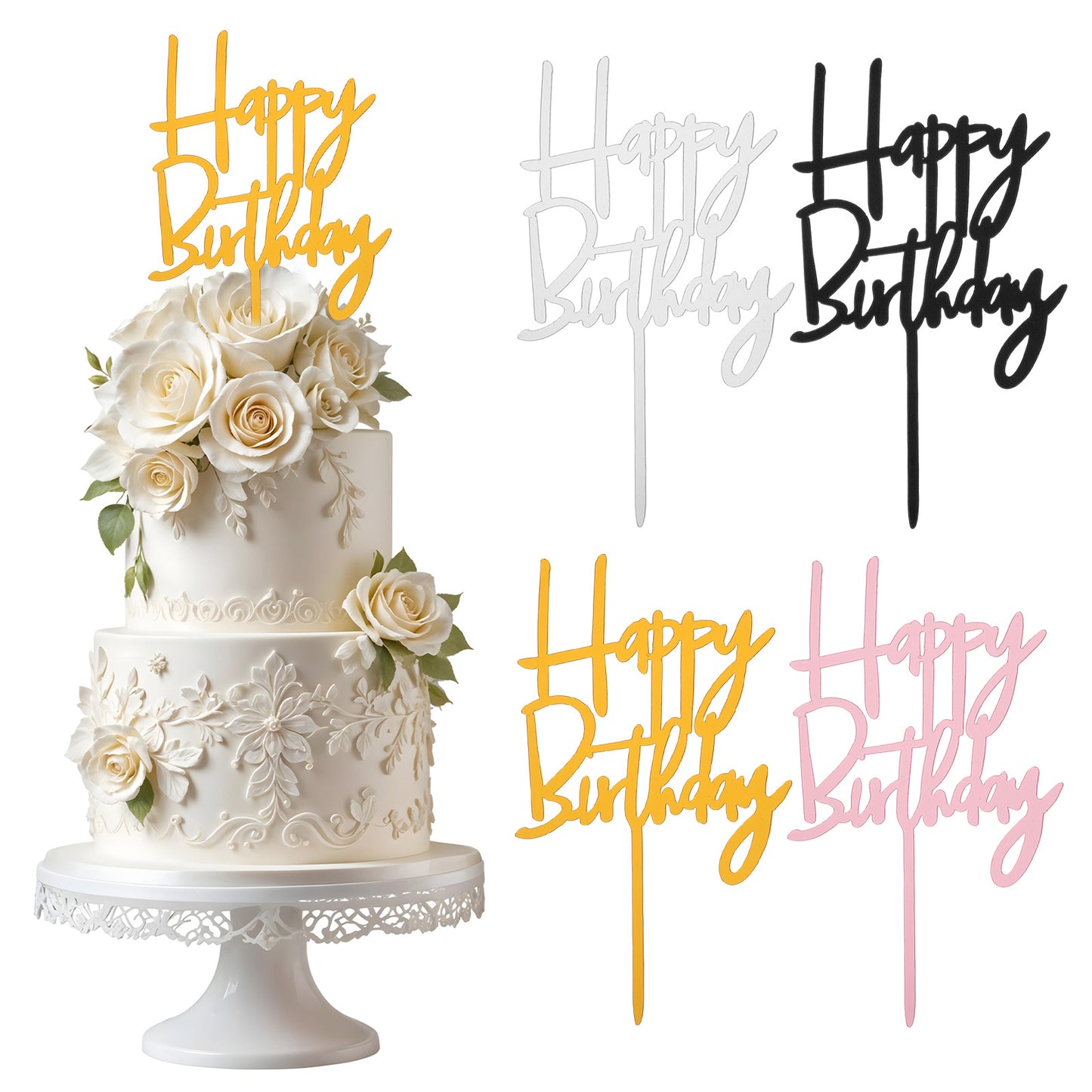 Nogeqi 4PCS Acrylic Happy Birthday Cake Topper, Happy Birthday Cake Decorations Sign for Party Desserts Decoration Ideas (Gold, Silver, Black, Rose Gold)