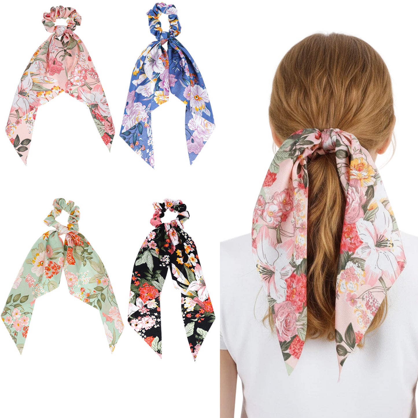 Ymapinc 4pcs Printed Hair Ribbons for Women, Cute Scrunchies with Bows Scarf, Satin Hair Tie Ribbons for Girls Bandana Scrunchie Elastic Bands