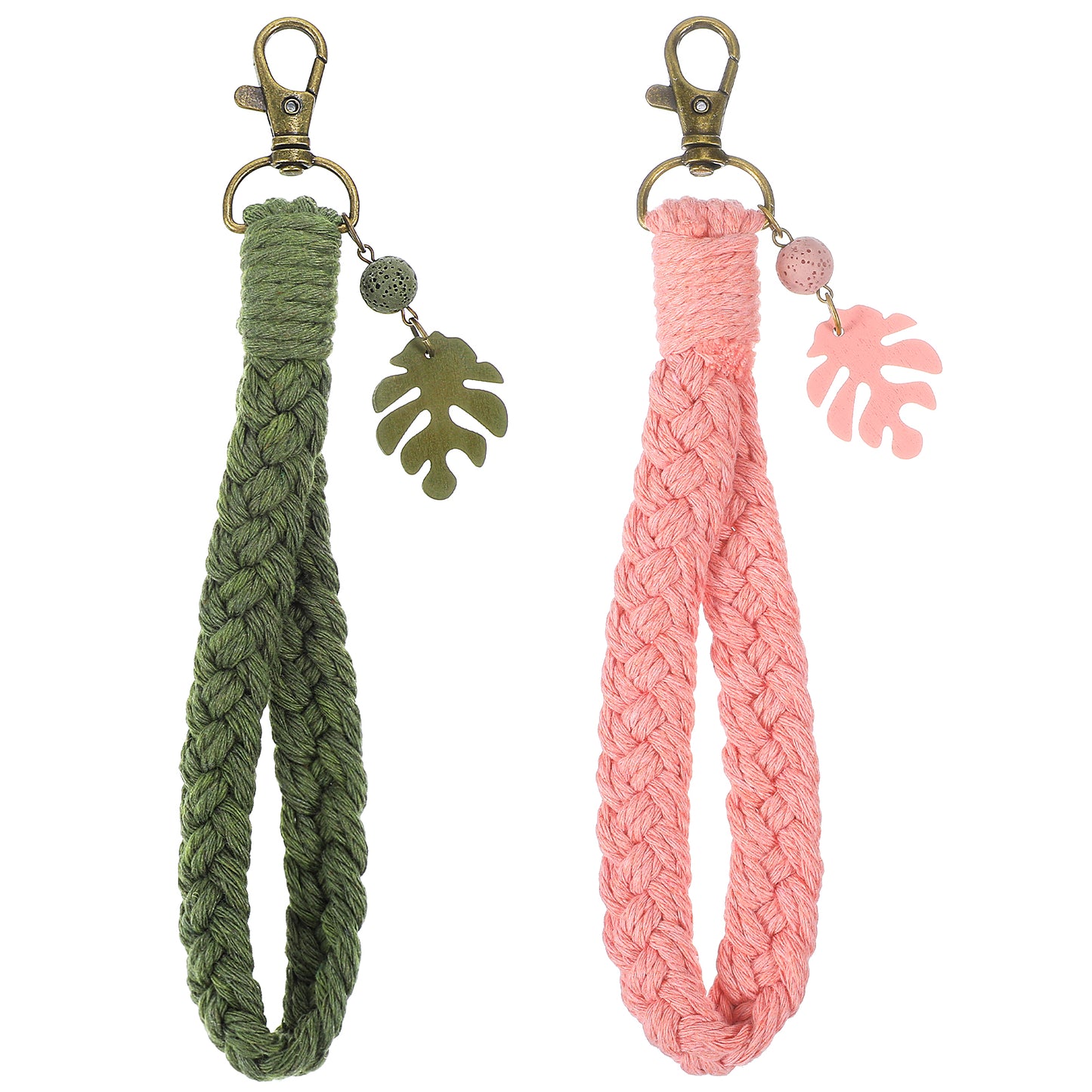 Ymapinc 2 Pack Boho Palm Leaf Keychain Wristle, Green & Pink