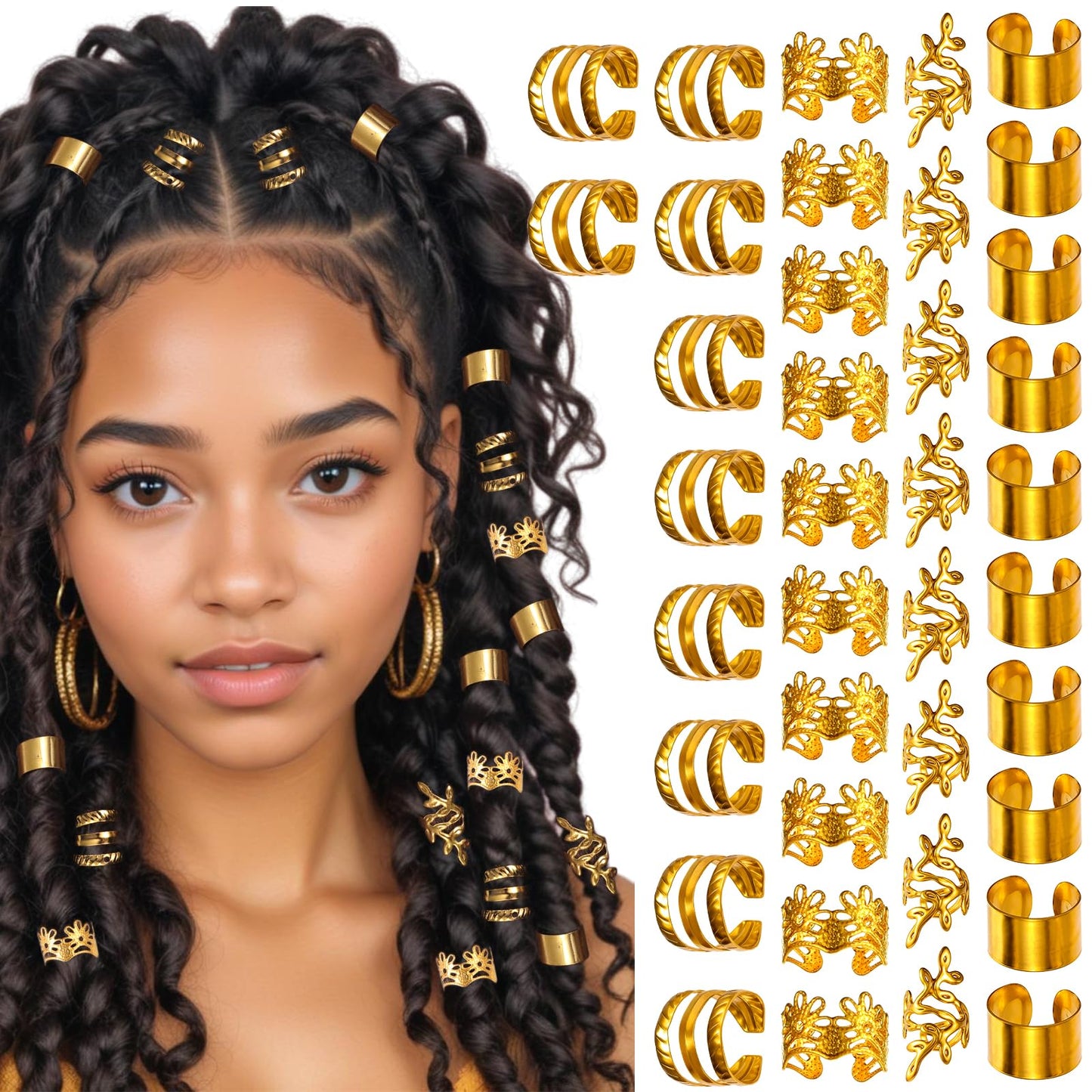 Mabor Hair Cuffs for Braids Gold Hair Jewelry for Braid Accessories Loc Jewelry Clips Metal Dreadlock Braid Charms Decoration for Women Girls Non-Piercing Ear Clips