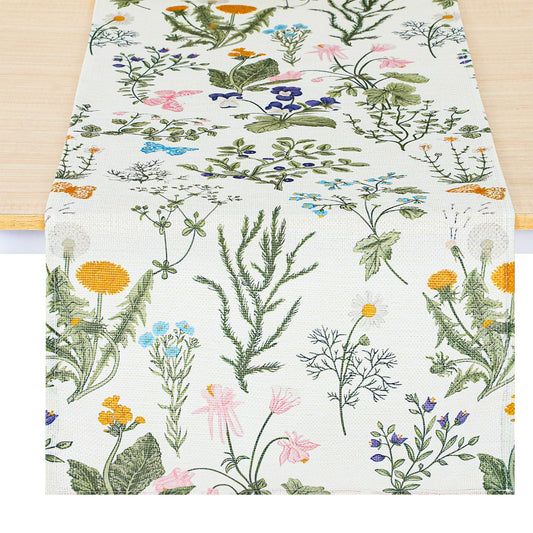 Wildflowers Tablecloth Spring, Mabor Butterfly Table Runner Modern 183 x 33 cm Washable Table Runner Spring Modern for Indoor Outdoor Dining Room Tea Party Wedding Decoration