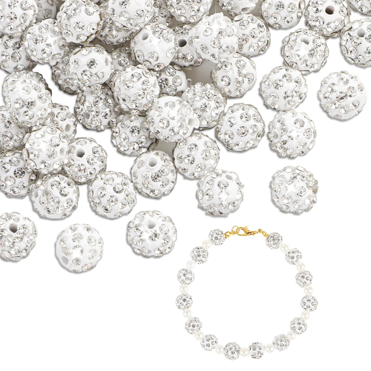 Nogeqi 100 Pcs 10mm Rhinestone Beads for Crafting, Round Crystal Disco Ball Beads Pave Diamond, Glitter Clay Bracelet Beads for Friendship Bracelet Jewelry Crafts Making