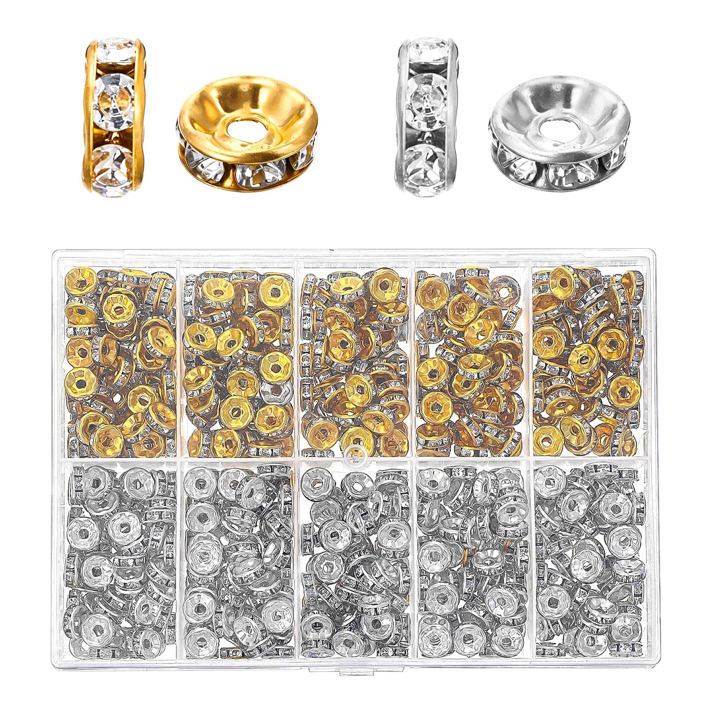 Xinjoduz 600 PCS Rondelle Spacer Beads for Jewelry Making, 8mm Crystal Bead Spacers with Holes, Gold & Silver Rhinestone Beads for Beaded Pens, Bracelets Necklaces DIY Craft Projects Making Supplies