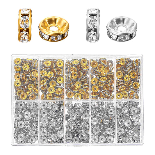Xinjoduz 600 PCS Rondelle Spacer Beads for Jewelry Making, 8mm Crystal Bead Spacers with Holes, Gold & Silver Rhinestone Beads for Beaded Pens, Bracelets Necklaces DIY Craft Projects Making Supplies