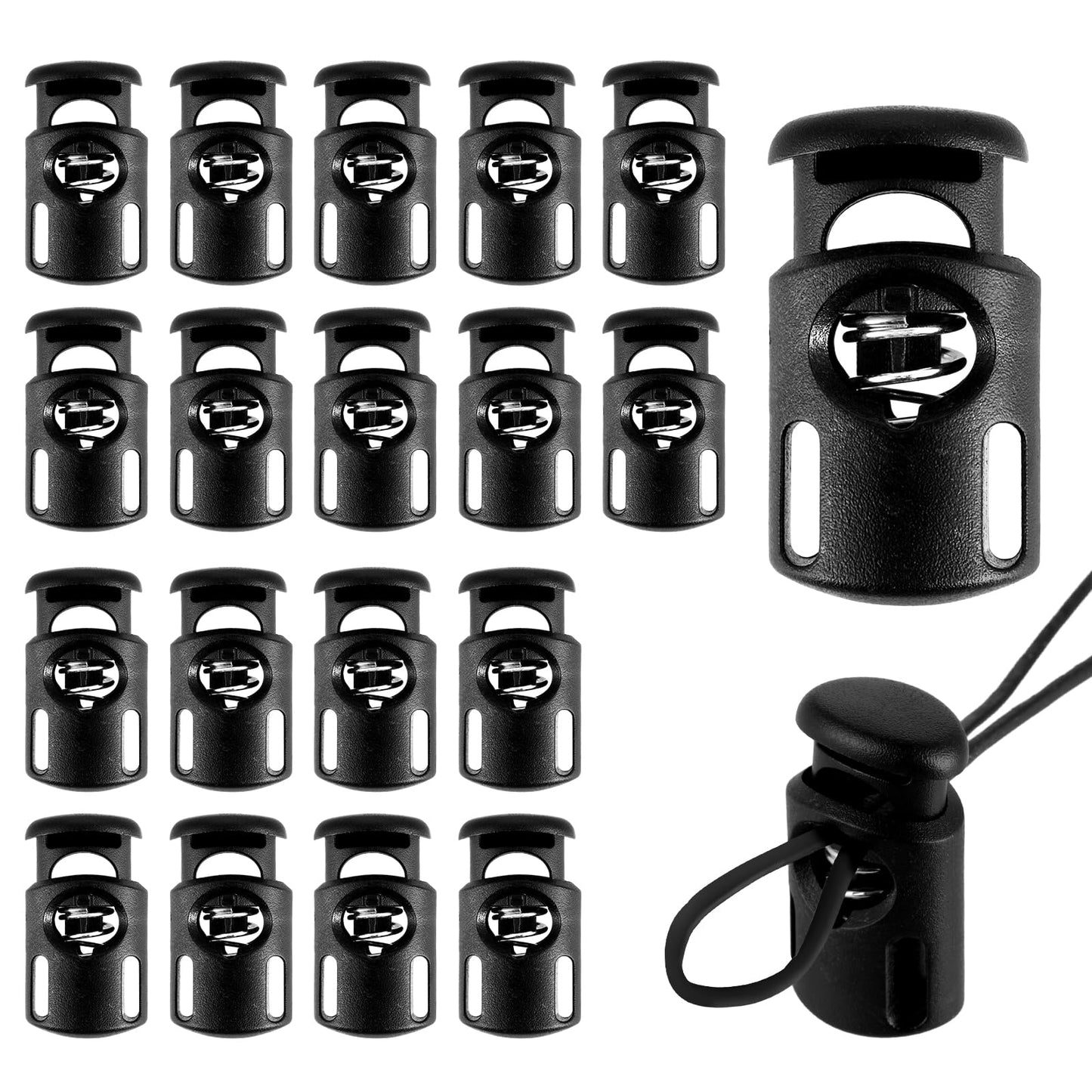 Nogeqi 20 Pcs Black Cord Locks for Drawstrings, Plastic Toggle Shoelace Locks, Double Hole Slider Draw String Clip for Sweatpants Hoodie Hat Paracord Glove Locks