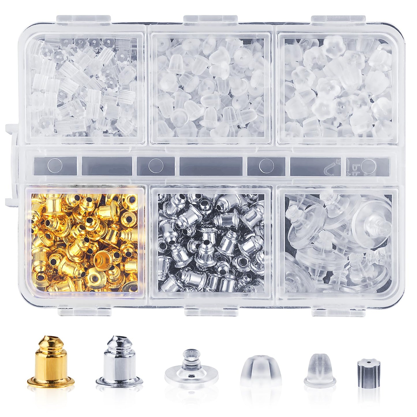 Ouligay 610 Pcs Clear Earring Backs Octagon Earring Sets Gold Earring Backs Silicone Earring Backs with Clear Storage Box for Heavy Earring Hook Earrings DIY Jewelry Supplies