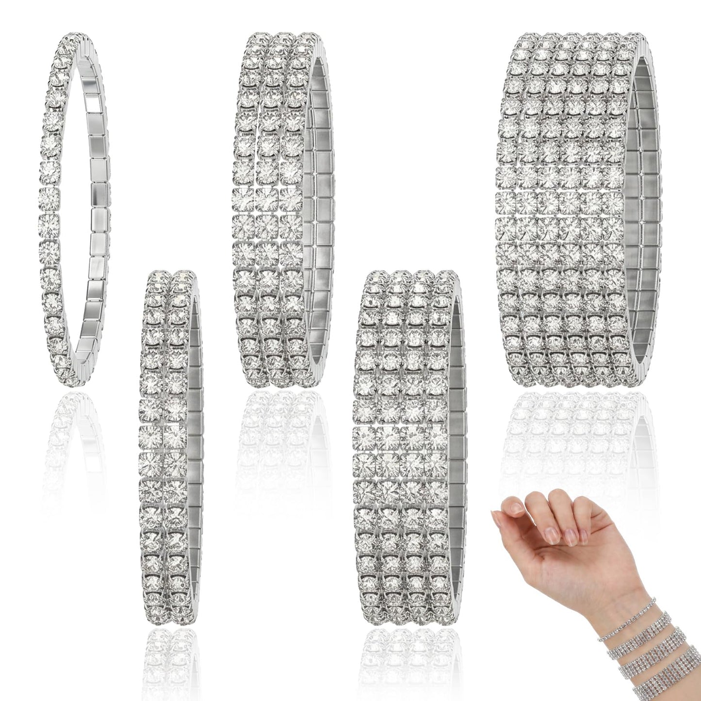 Xindojuz 5 PCS Rhinestone Bracelet for Women, Silver Bangles Bling Tennis Stackable Fake Diamond Sparkly Bracelets for Bridal Wedding Birthday Party Prom, Sparkly Jewelry Set (Silver)