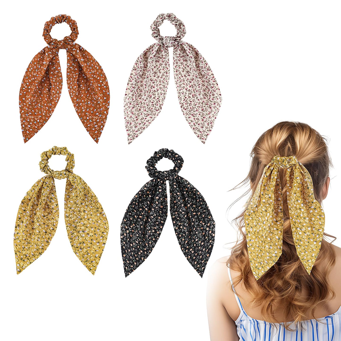 Tyqour 4Pcs Hair Scarf Scrunchies Floral Hair Scarf with Long Ribbon Bow Scrunchies Boho Elastic Floral Bow Hair Ties Boho Hair Accessories for Women Girls