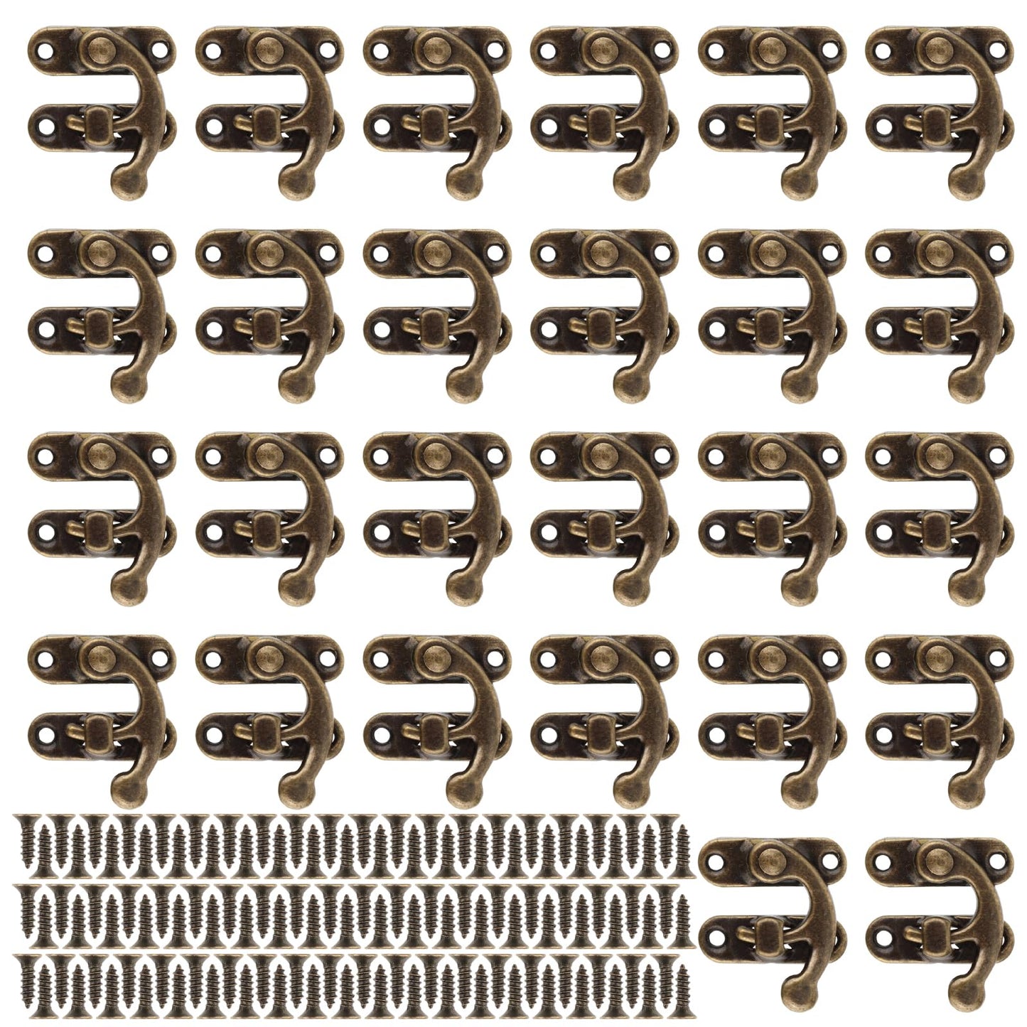 Mabor 20Pcs Small Latch Hook, 3.4x2.8Cm Antique Latch Hook with 80 Mini Screws Right Latch Hook Hasp Bronze Color Latch Hook for Jewelry Wood Box