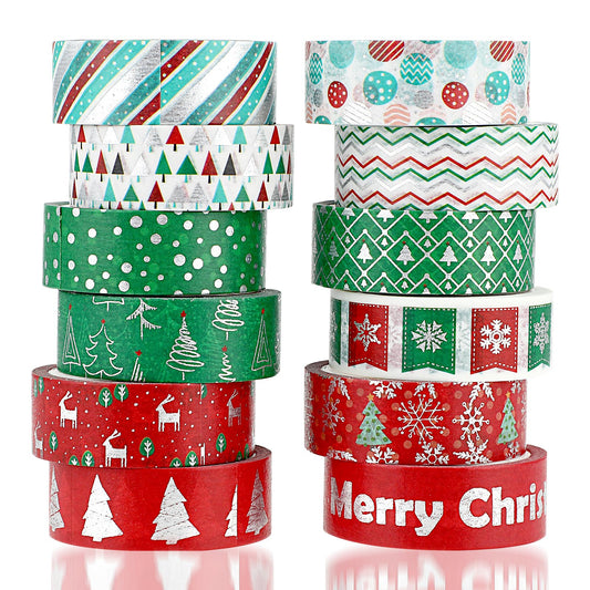 12 Rolls Christmas Washi Tape, Washi Tape Christmas Christmas Washi Tapes Christmas Tree Christmas Tape Holiday Washi Masking Tape Xmas Tree Washi Tape for DIY Crafts Scrapbooking Gift Wrapping