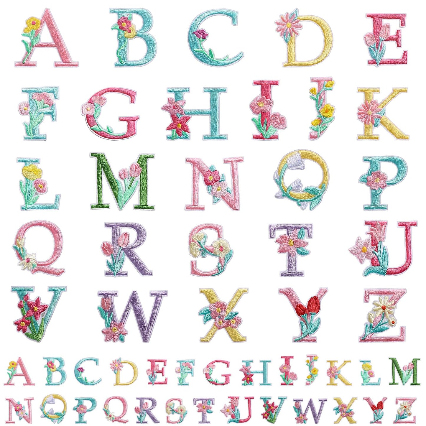Chsoejuf 52 PCS Iron On Letter Patches Flower Embroidery Alphabet A-Z