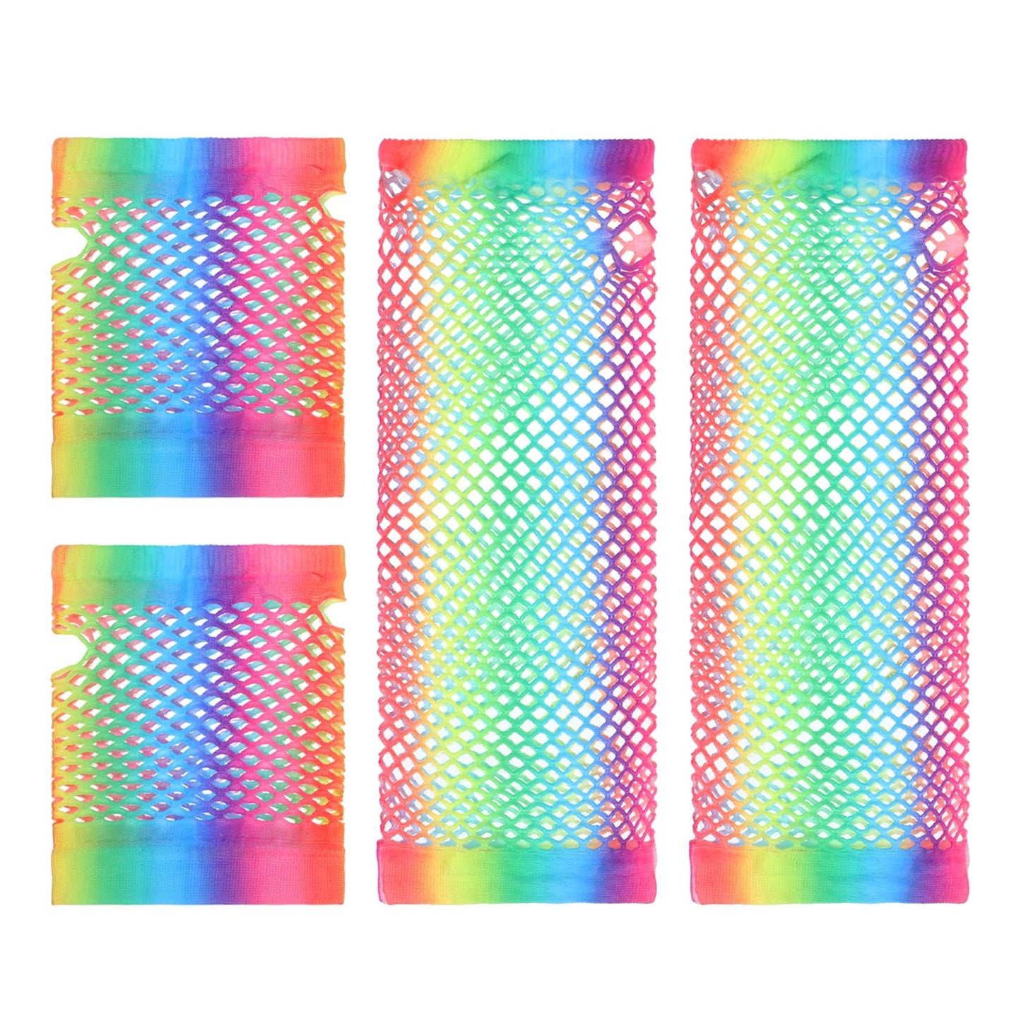 Mabor 2 Pairs Rainbow Fingerless Fishnet Gloves, Long Fishnet Mesh Fingerless Gloves 80s Short Fish Net Gloves 80s 90s Party Cosplay Costume Accessories for Women Ladies