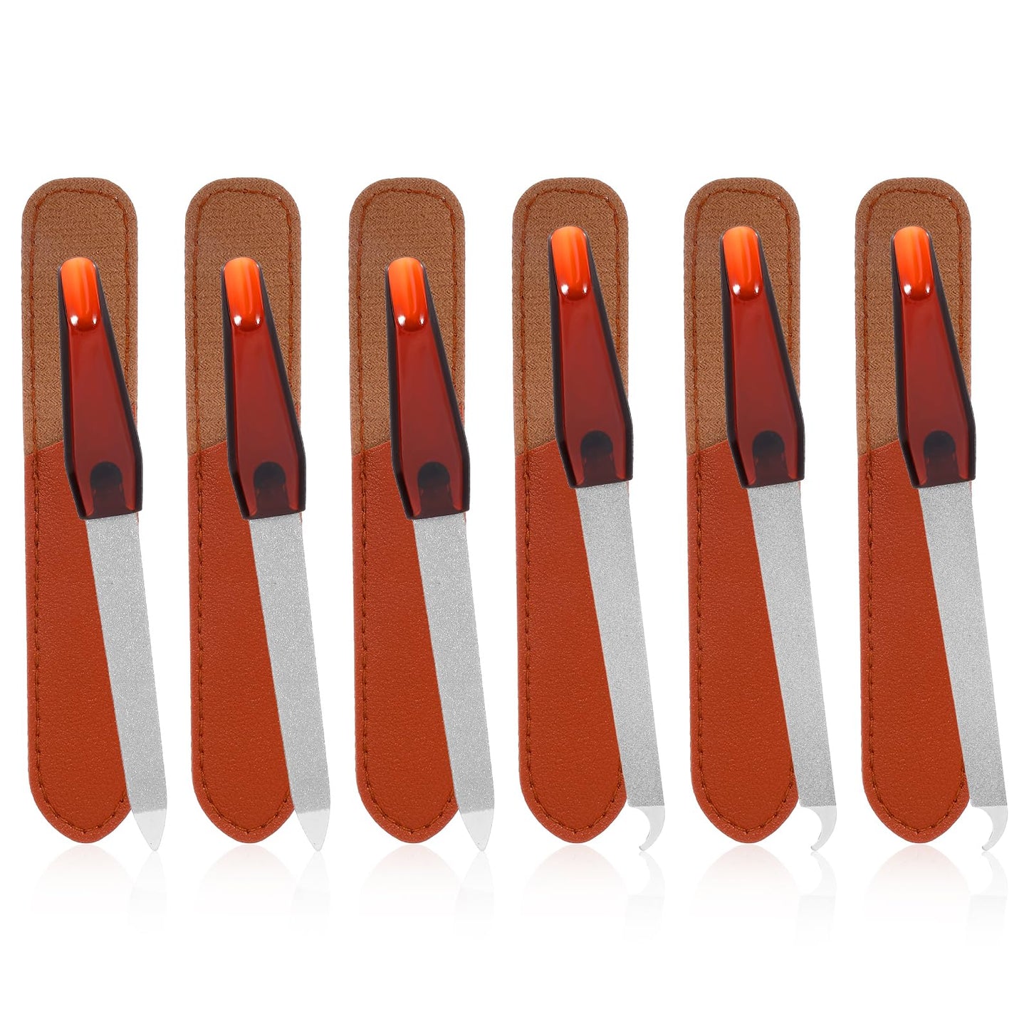 Xinjoduz 6 PCS Metal Nail File for Women, Stainless Steel Double Sided Diamond Finger Nail File, Professional Emery Boards for Natural Nails with Sharp Pointed Tip and Leather Sheath Case (2 Styles)