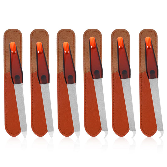 Xinjoduz 6 PCS Metal Nail File for Women, Stainless Steel Double Sided Diamond Finger Nail File, Professional Emery Boards for Natural Nails with Sharp Pointed Tip and Leather Sheath Case (2 Styles)