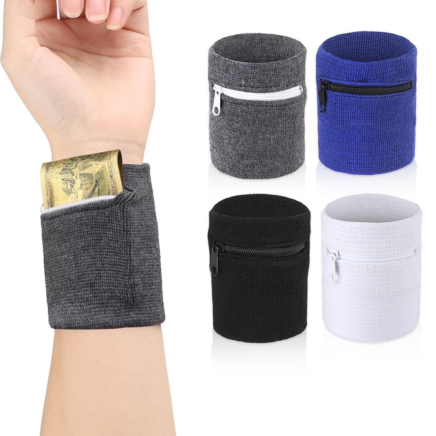 Ouligay 4Pcs Wrist Wallet Zipper Wrist Pouch Wallet Wristband Pocket Wrist Sports Sweatband for Running Walking Hiking Jogging Key Card Coin Storage