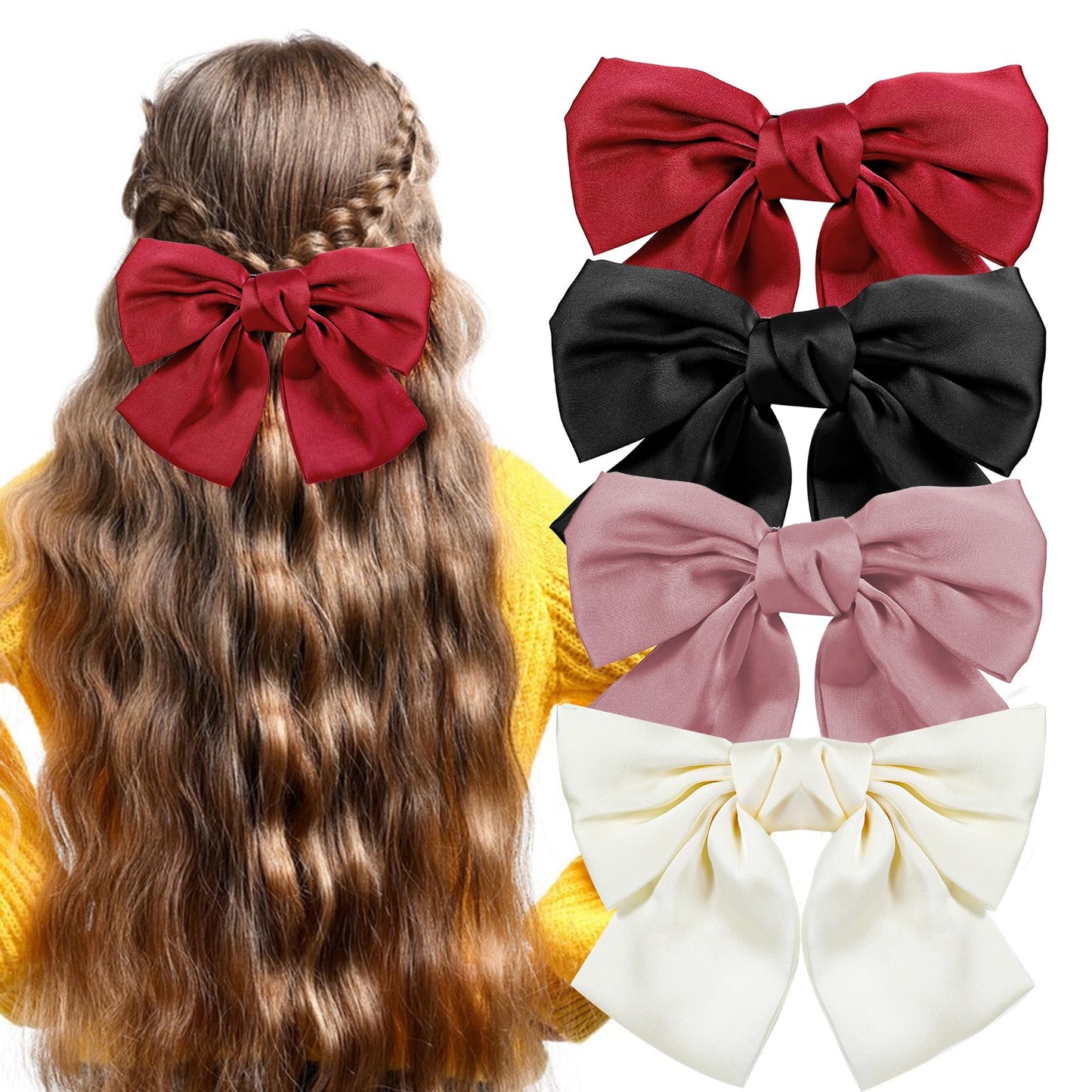 Tyqour 4pcs Hair Bows for Women Clip, Bow Hair Clips, Satin Big Bows for Women, Ponytail Holder Slides Metal Hair Clips Double Ribbon Hair Accessories