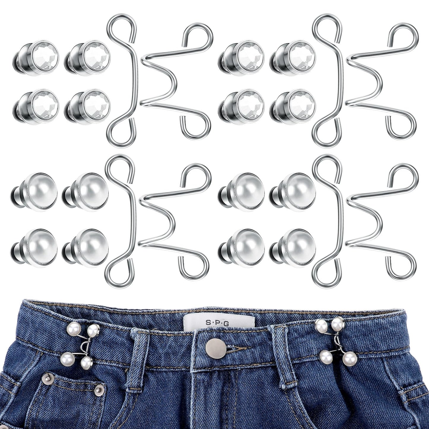 4 Pieces Pants Waist Tightener Waist Buckle Clip Pants Adjuster Waist Tightener Adjustable Buckle Extender Set No Sewing Required Pant Waist Tightener for Jeans 4 Set (Pearl And Diamond Style)