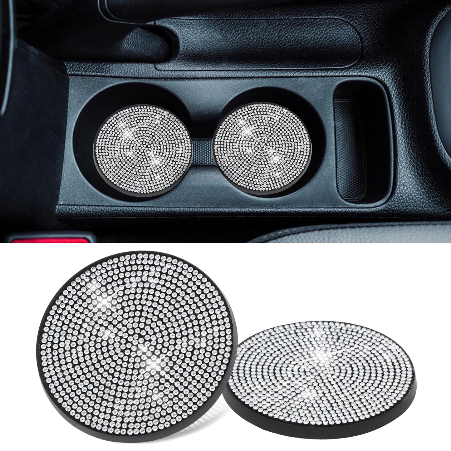 2 Pack Car Cup Holder Coaster, Mabor Bling Anti-Slip Auto Insert Coaster 7Cm Crystal Rhinestone Auto Automotive Interior Car Accessories for Girls Women(Black)