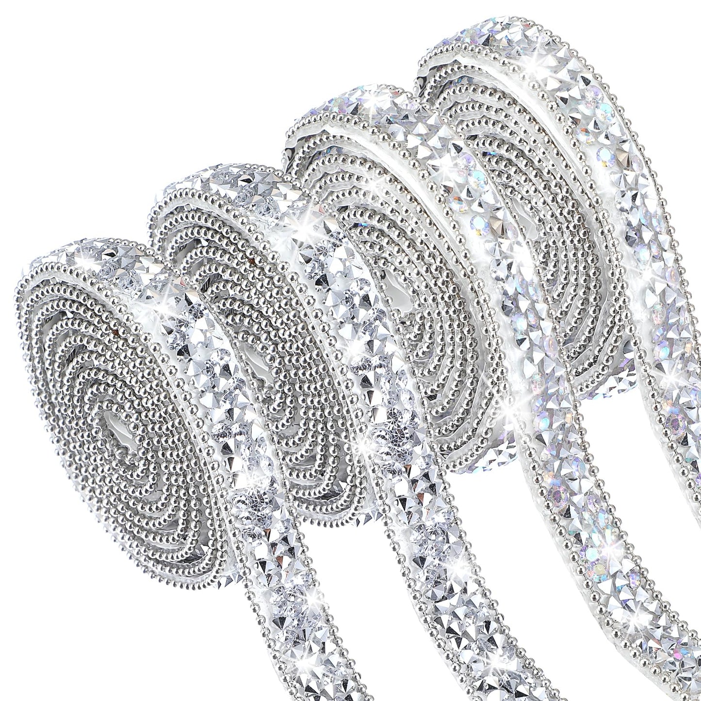 4 Rolls Rhinestone Ribbons Self Adhesive Rhinestone Strips Diamond Crystal Rhinestone Ribbon Roll Stickers Glitter Rhinestone Tape Bling Wrap for Crafts Decoration Car DIY Wedding Party(Sliver)
