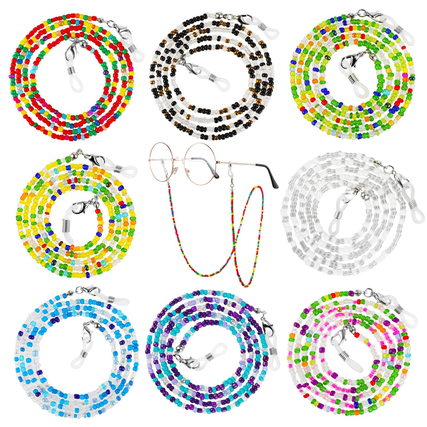 Mabor 8Pcs Beaded Eyeglass Chain for Women Men Eye Glass Chain Around Neck Beaded Glasses Lanyard for Girls Kids Reading Glasses Neck Strap Sunglass Mask Holders with Eyeglass Loop