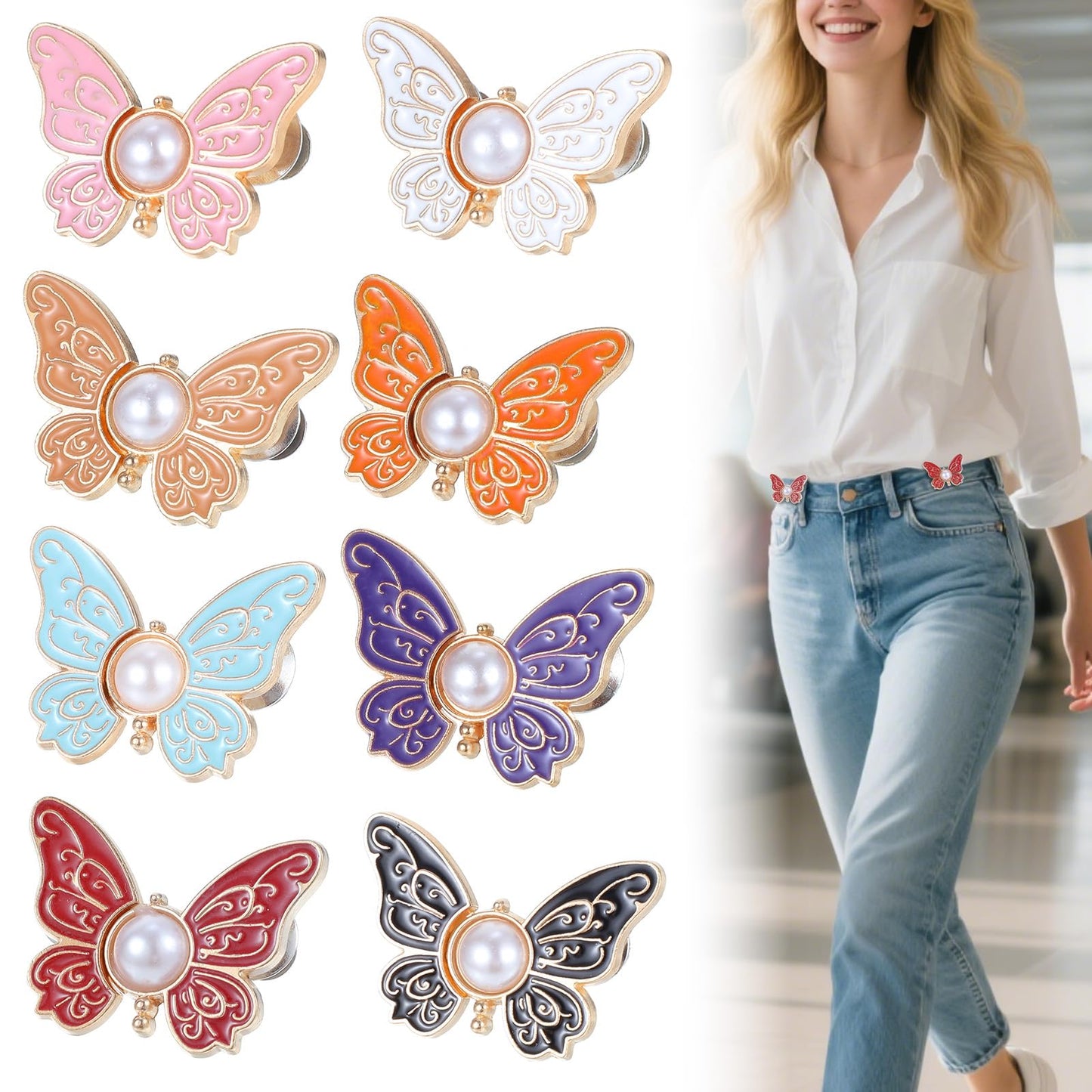 8 Sets Waist Tightener Pant Clips for Waist Tightener Detachable Butterfly Jean Buttons Adjustable Waists Buckle Sets for Loose Jeans No Sew and No Tools Decorative Waists Buckles for Women Skirts