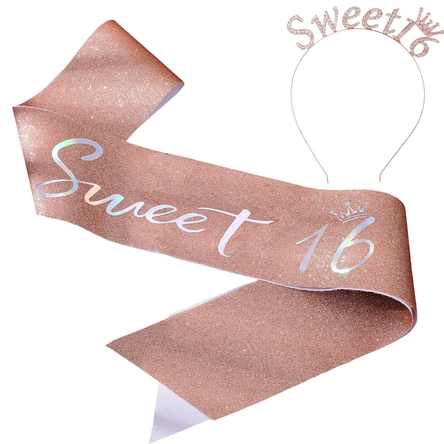 Sweet 16 Birthday Party Decorations for Girls, Rose Gold 16th Happy Birthday Queen Crown Sash Headband with Safety Pin, Sweet Rhinestone Tiara Crown Party Supplies and Favors, Girls Sixteen Gifts