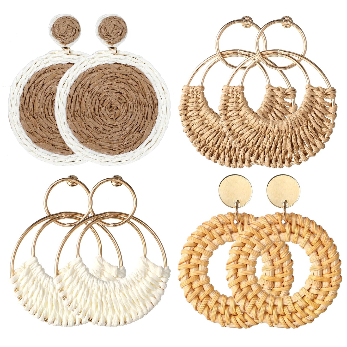 4 Pairs Bohemian Earrings for Women Handmade Round Raffia Hanging Rattan Lightweight Straw Woven Bohemian Jewelry Cute Funny Ring