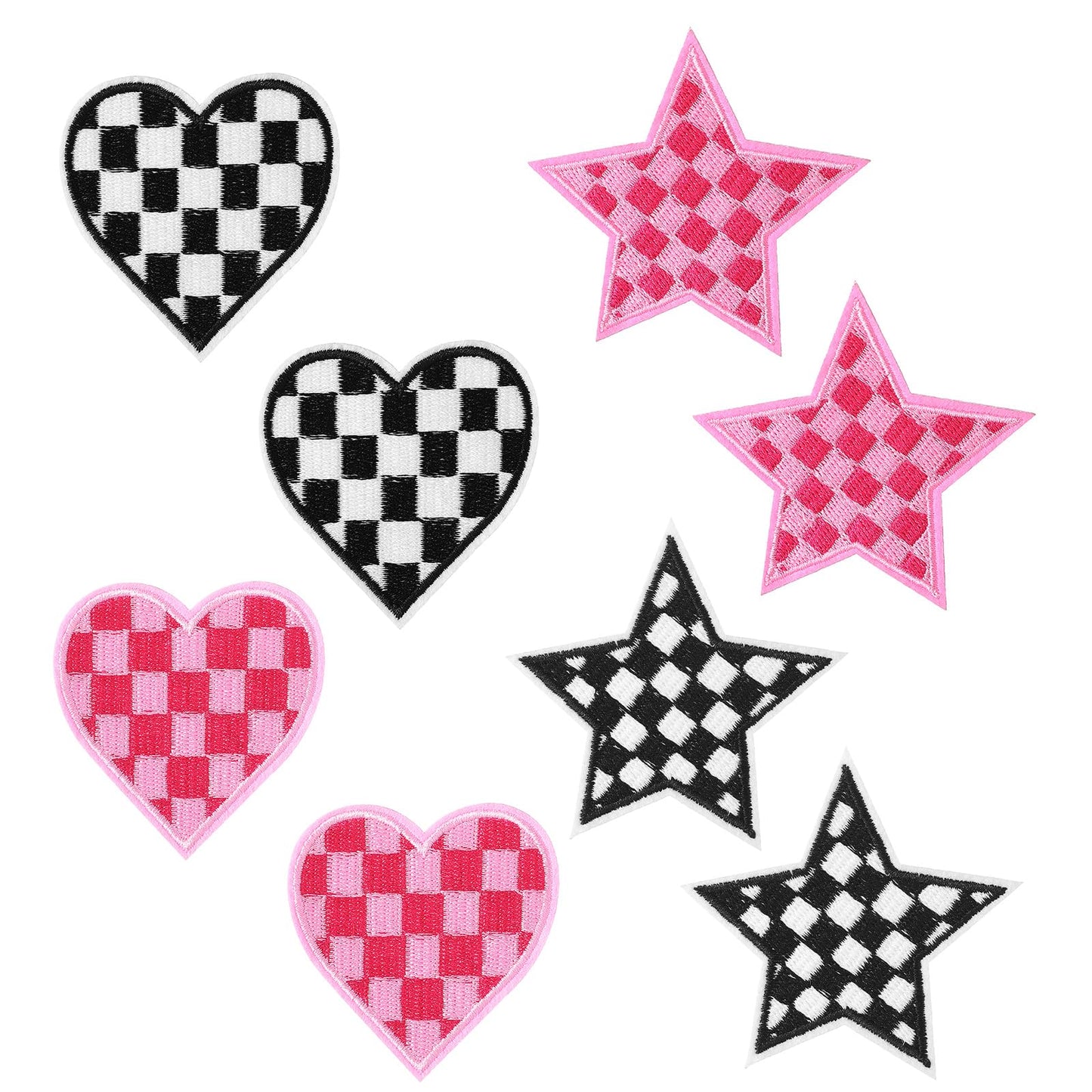 Xinjoduz 8 PCS Star Heart Iron on Patches Black Pink Racing Day Race Car Patches Sew on Patches Checkered Embroidered Flag Heart Star Appliques Iron Patches for Clothing Jeans Jackets Backpacks Crafts