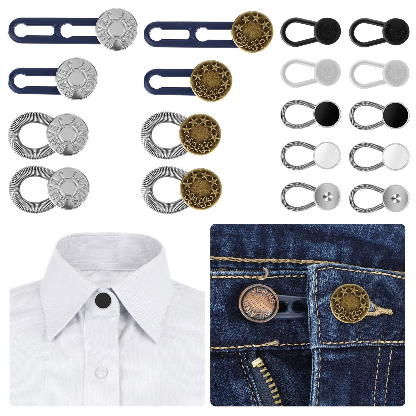 Ouligay 18Pcs Button Extender for Trousers, Adjustable Elastic Jeans Pants Waist Extenders, Portable Invisible Jean Button Extender, No Sewing Instant Buttons Collar Neck Extenders for Men Women