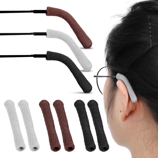 Xinjoduz Glasses Ear Cushion, 3 Pairs Anti-Slip Elastic Comfort Ear Pads for Glasses Soft Knitting Cotton Fabric Eye Glasses Ear Grippers Temple Tips Sleeve Glasses Arm Cushion for Pain(BLK&BRN&Gry)