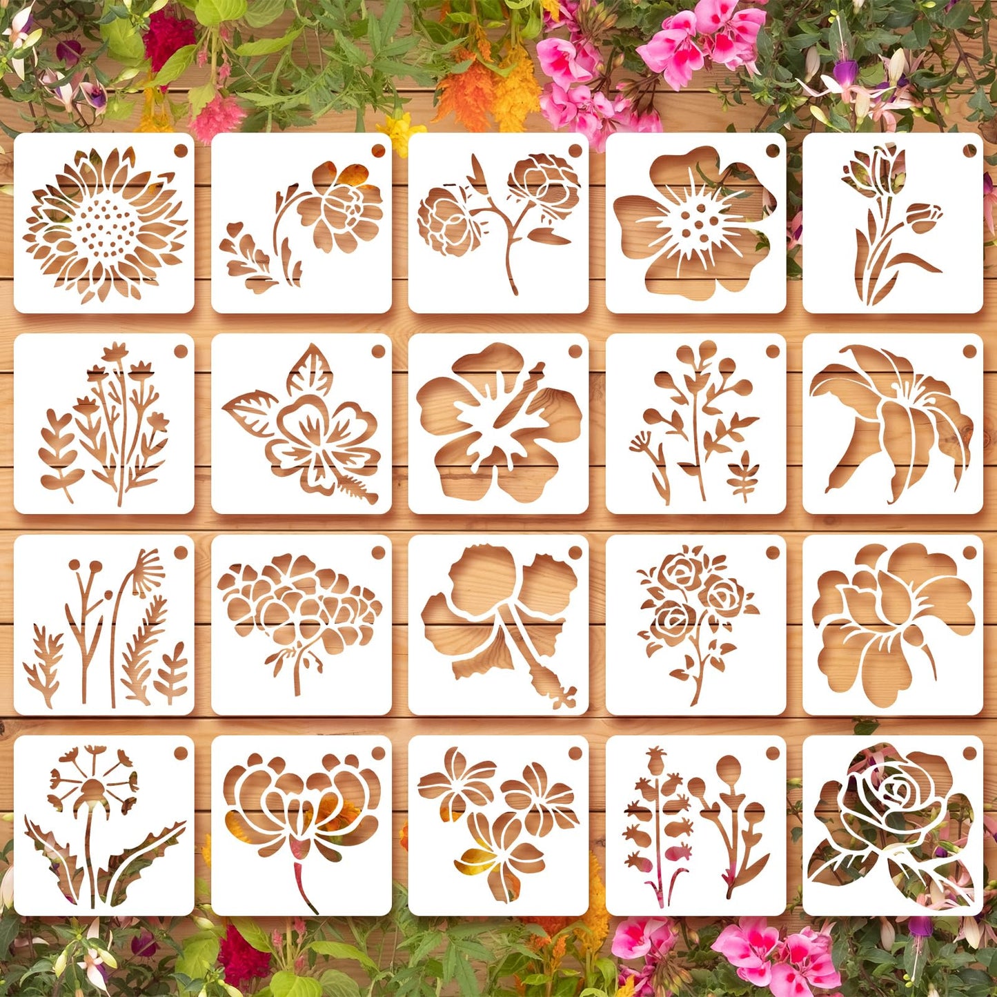 Floral Stencils for Painting, Ymapinc 20 Pcs 2.95 Inch Flower Stencils for Crafts Rock Painting Stencils Plastic Reusable Stencils for Painting on Wood Wall Tile Home Decor