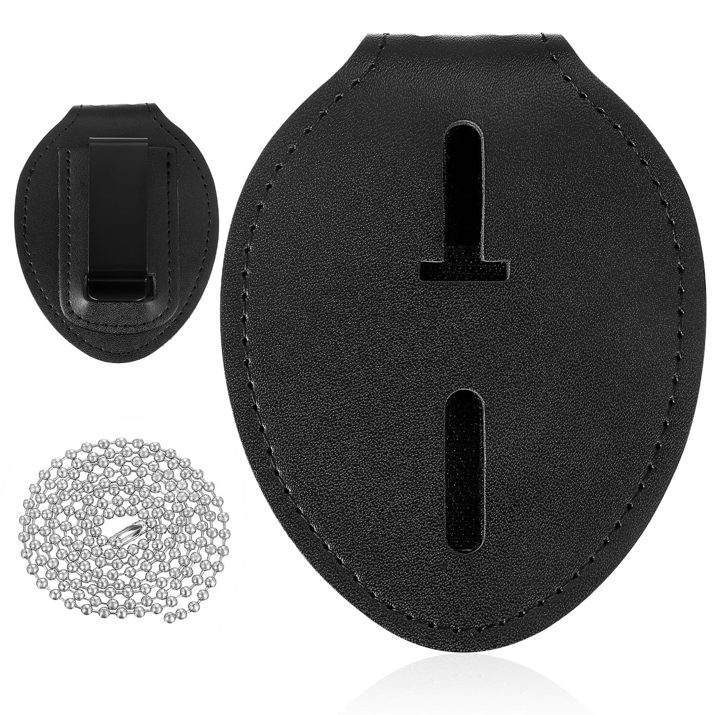 1 PCS Police Badge Holder Leather Badge Clip Law Enforcement Holder Universal Police Belt Clip with Leather Belt Buckle Hook and Stainless Steel Bead Chain (Black Oval)