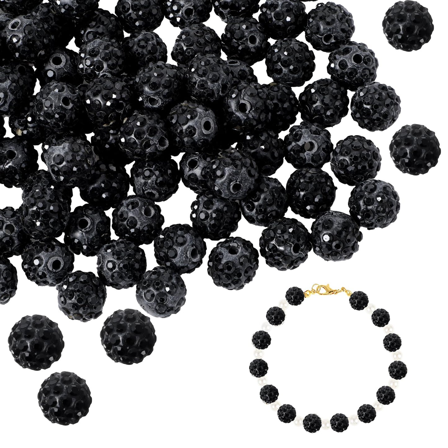 Nogeqi 100 Pcs 10mm Round Crystal Disco Ball Beads for Bracelets Pave Diamond Rhinestone Beads for Jewelry Making Black Glitter Clay Rhinestone Beads for Crafting Friendship Bracelet Making