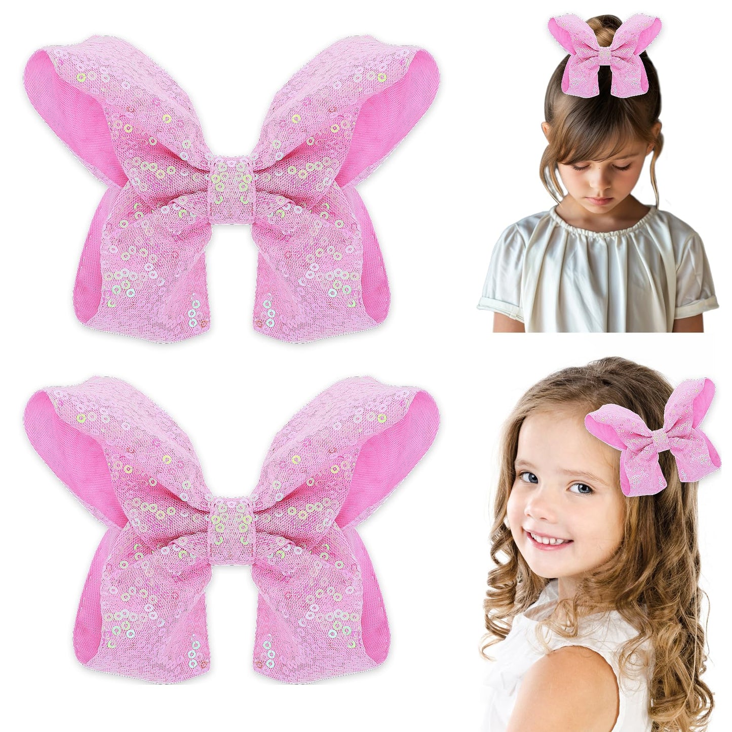 Tyqour 2pcs Pink Hair Bows for Girls, 5 Inch Sparkly Glitter Bows for Girls, Large Hair Bows for Girls, Big Pink Bow for Hair Hair Accessories for Girls Toddlers Kids Women(Pink)