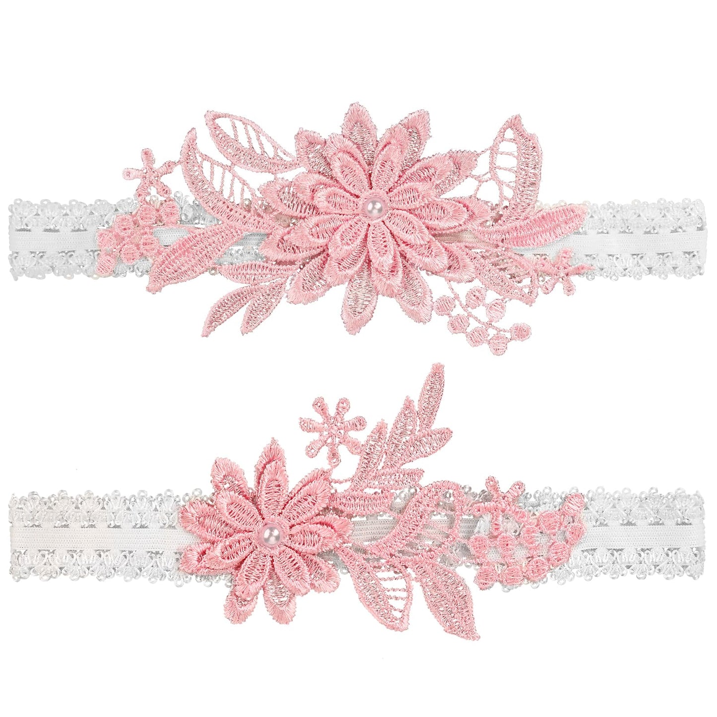 2 Pieces Bridal Lace Wedding Garters Set Pink Flower Bride Wedding Hand Sewn Lace with Floral Garter for Handmade Daisy Pearl Thigh Ring Bride Garter Prom Leg Accessories for Bride Bridesmaid