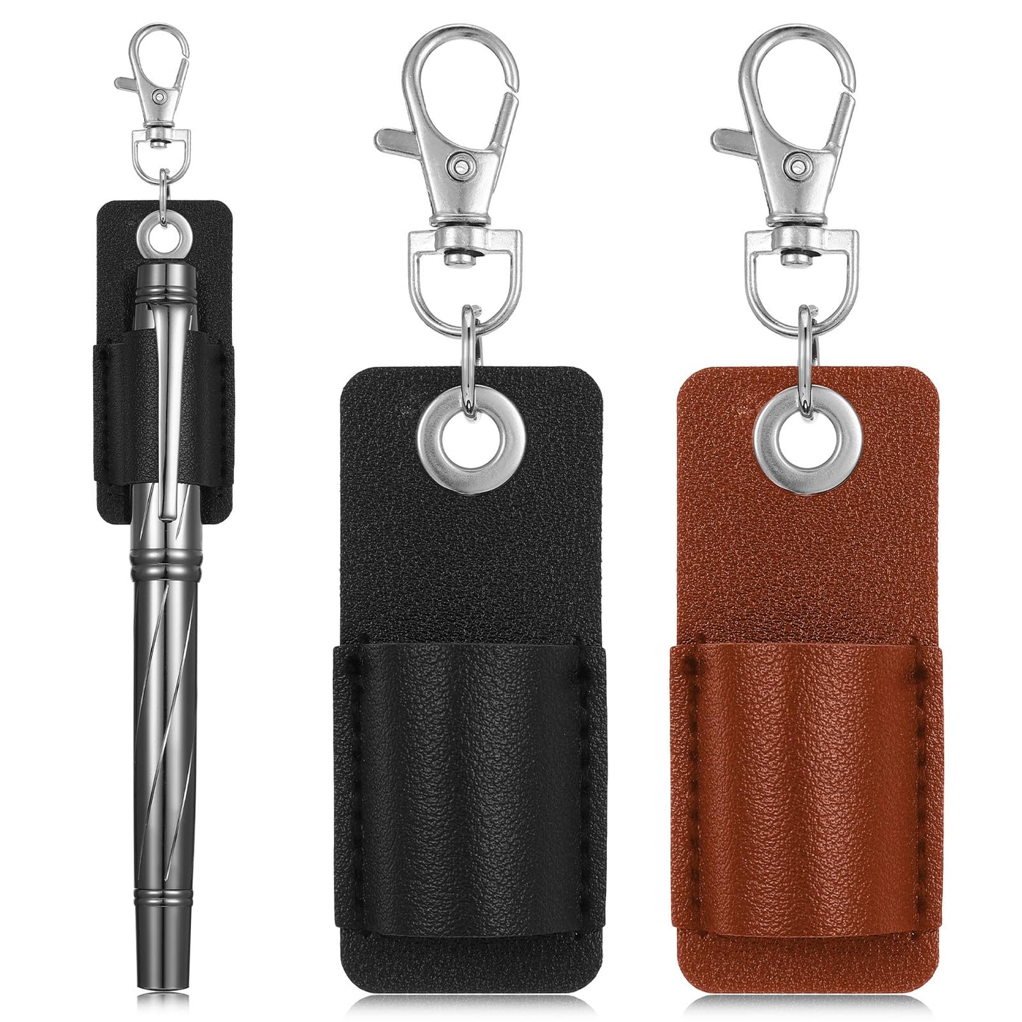 2PCS Pen Holder for Lanyard, Pencil Holders Clip Anti-Lost Leather Pocket Nurse Keychain Pen Holder Clip for Clipboard Badge (Black, Brown)